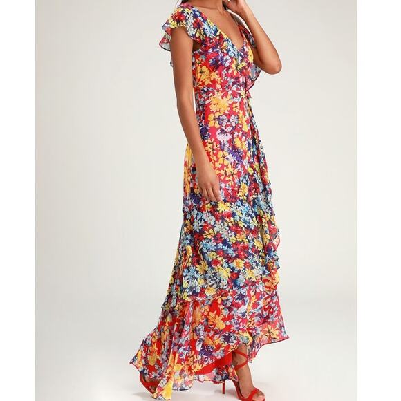 Lulus NWOT Radiant Ruby Red Floral Print Chiffon Asymmetrical Maxi Dress Small - Picture 2 of 11